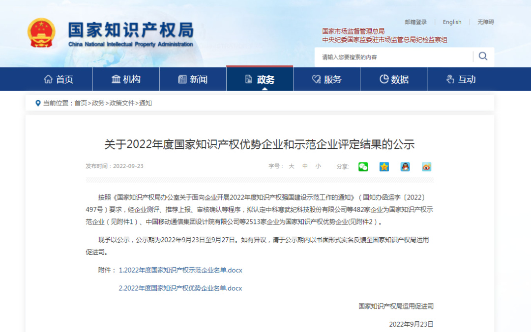 關于2022年度國家知識產(chǎn)權優(yōu)勢企業(yè)和示范企業(yè)評定結果的公示